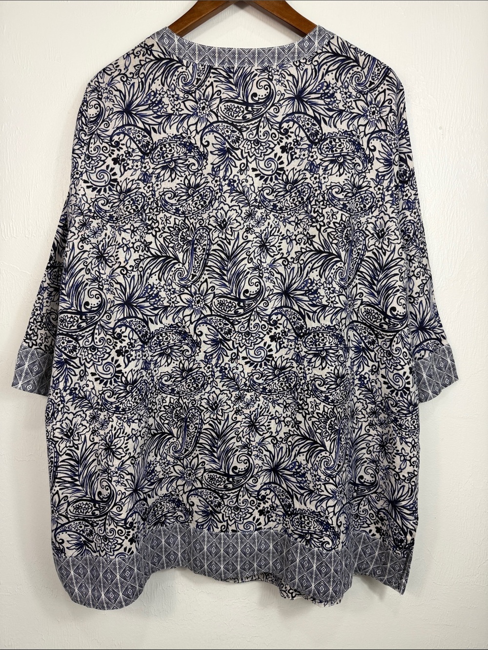 Sigrid Olsen 100% Linen Paisley Floral Tunic Blouse Blue White Plus 1X EU 46 - Picture 4 of 8